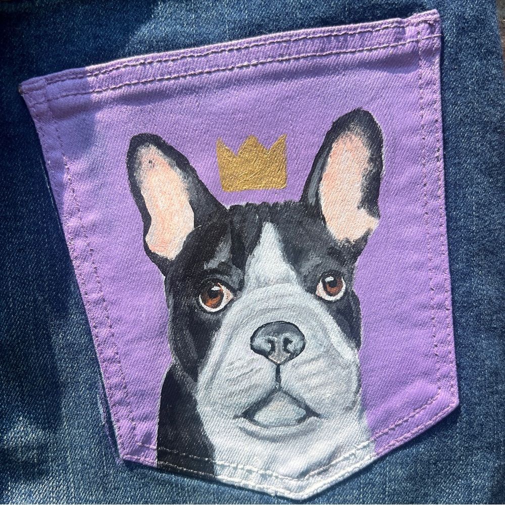 Hand-Painted Free People Denim Mini Skirt with French Bulldog design Size 25 - Picture 5 of 5